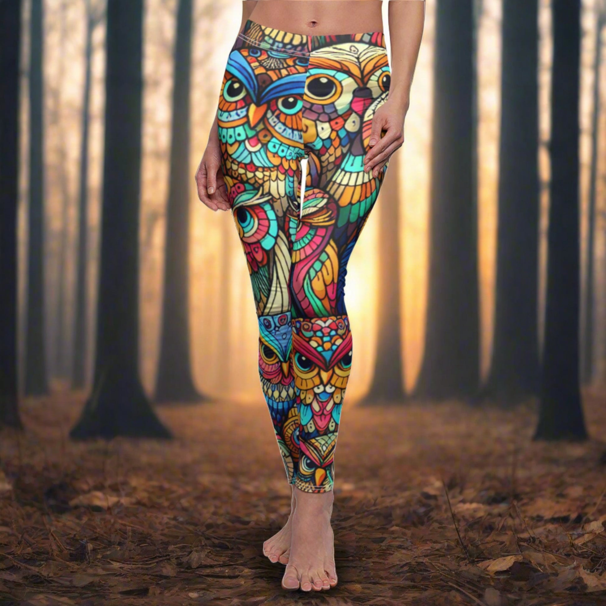FRONT Owl Leggings, Owl Lover Leggings, Bird Lover Gift, Festival Leggings, Festival Outfit, Yoga Birthday Gift, Owl Lover Gift, Meditation Outfit