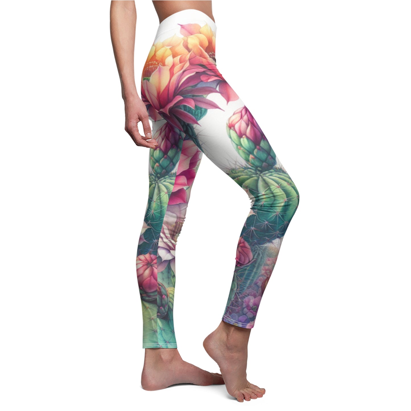 SIDE Cactus And Flower Leggings/Plant Lovers Gift/Garden Lover Gift/Cactus Print Leggings/Flower Lover Gift/Watercolor Leggings/Yoga Lover Gift