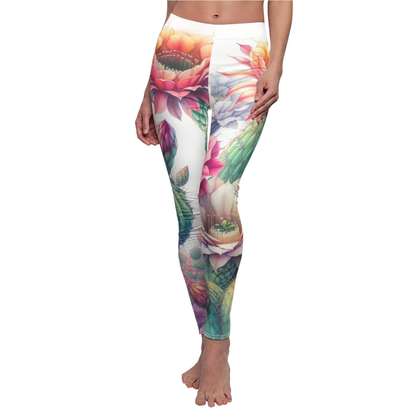 FRONT Cactus And Flower Leggings/Plant Lovers Gift/Garden Lover Gift/Cactus Print Leggings/Flower Lover Gift/Watercolor Leggings/Yoga Lover Gift