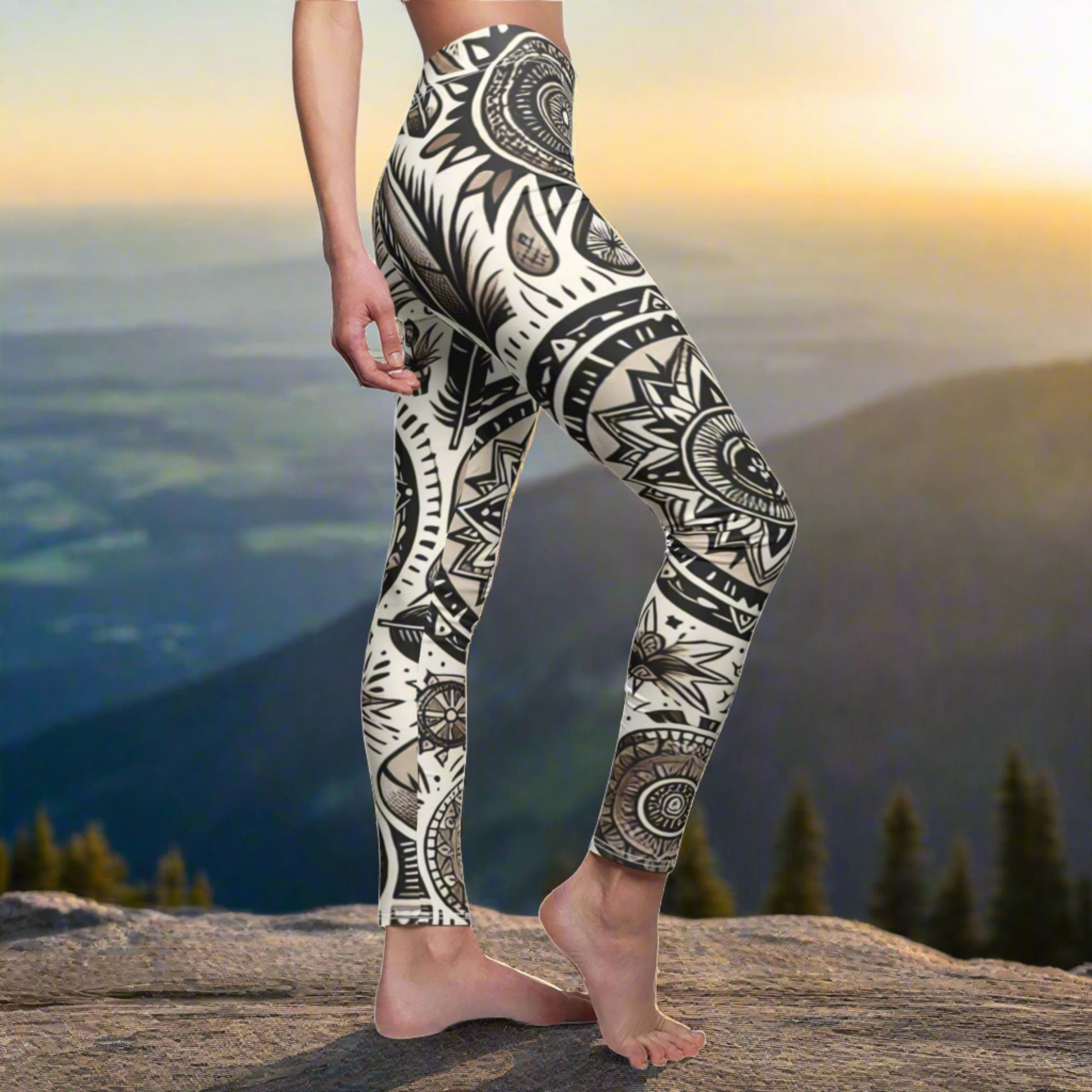 SIDE Feathers And Mandalas Classic Tattoo Leggings, Tattoo Lover Tights, Hippie Gift, Festival Leggings, Classic Tattoos, Yoga Birthday Gift