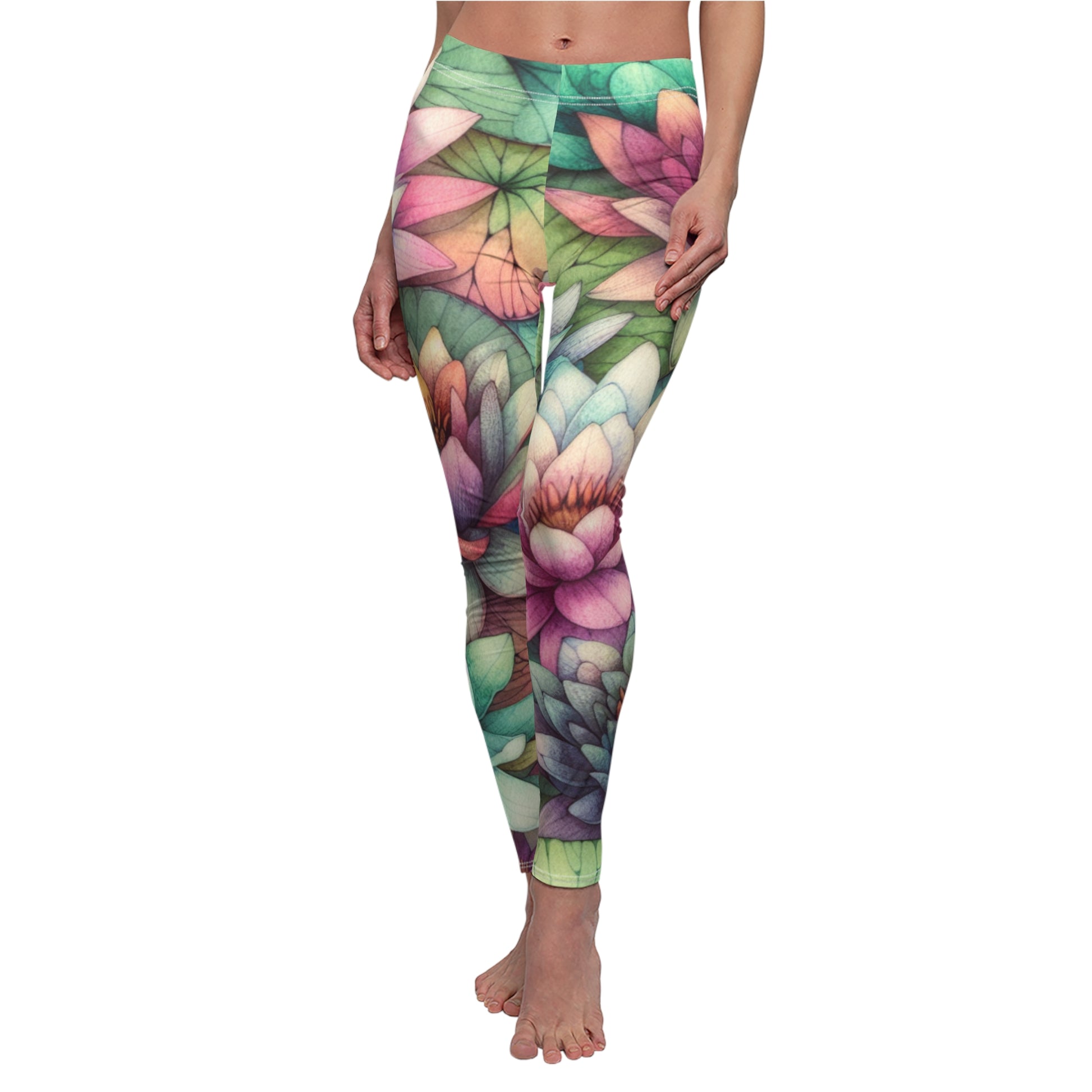 FRONT Birth Month Flower For July, Water Lily Leggings, Mothers Day, Valentines Day, Gift for Mom, Sisters Gifts, Best Friends, Yoga Birthday Gift