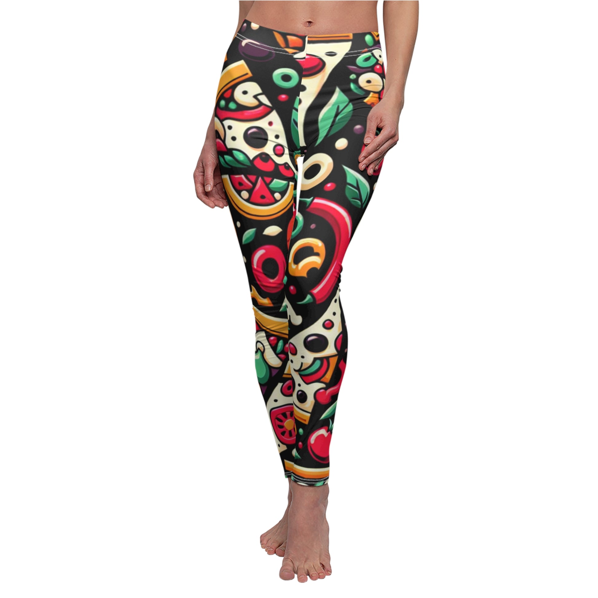 FRONT Cartoon Pizza Leggings, Pizza Lover Leggings, Pizza Lover Gift, Festival Leggings, Festival Outfit, Pizza Gift, Fast Food Lover Gift