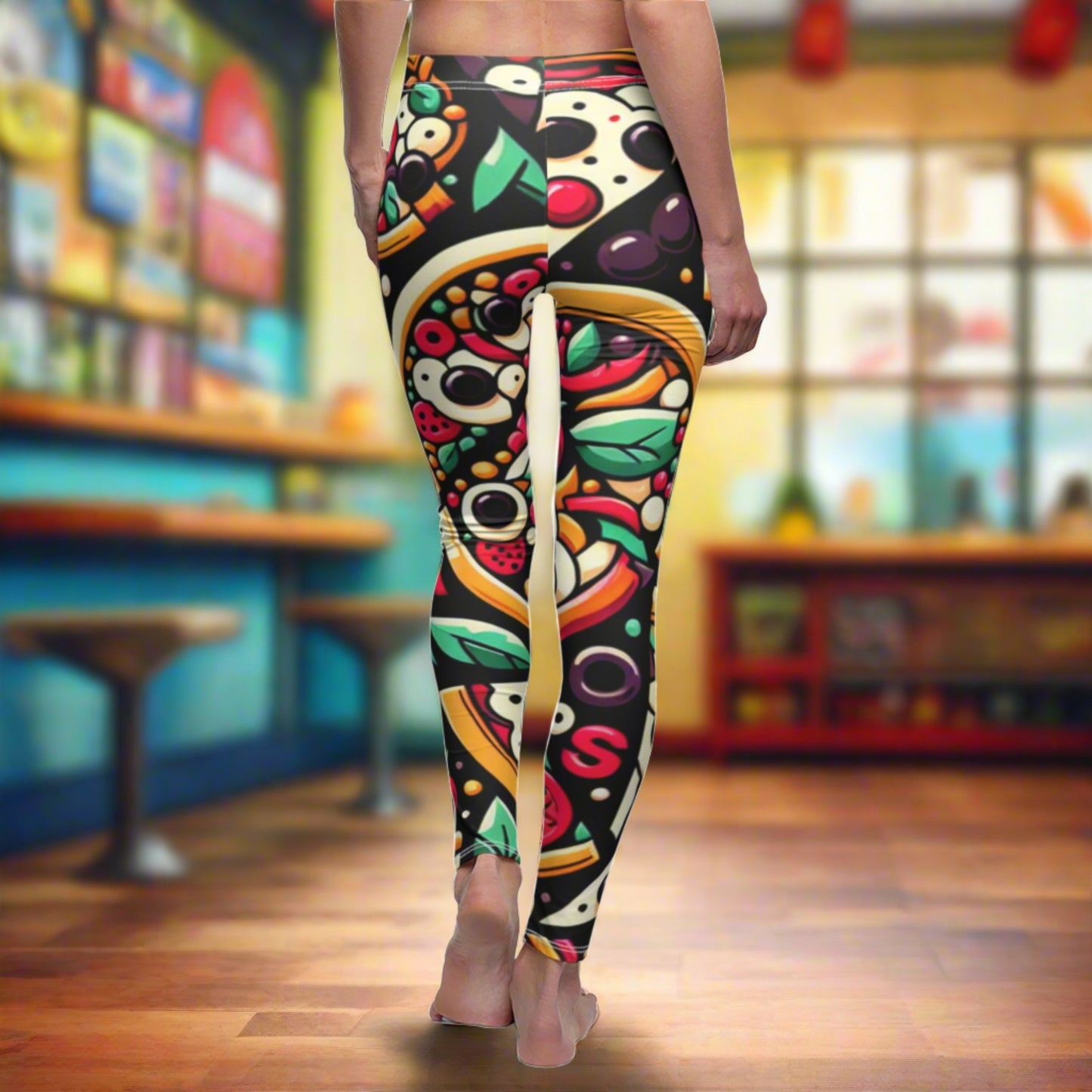 BACK Cartoon Pizza Leggings, Pizza Lover Leggings, Pizza Lover Gift, Festival Leggings, Festival Outfit, Pizza Gift, Fast Food Lover Gift