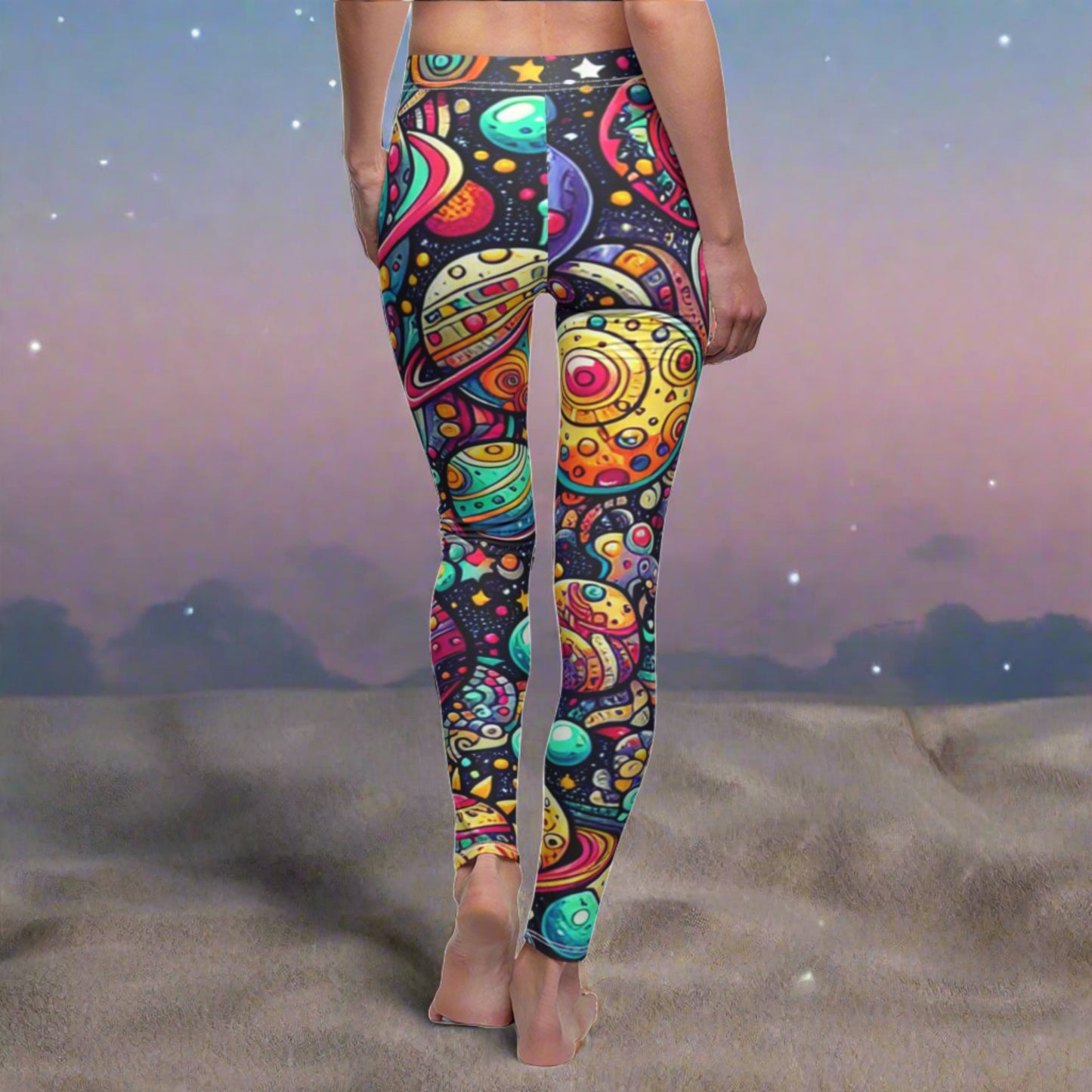 BACK Groovy Galaxy Leggings, Cartoon Planets And Stars Leggings, Cosmos Lover Leggings, Galaxy Lover Gift, Festival Leggings, Festival Outfit