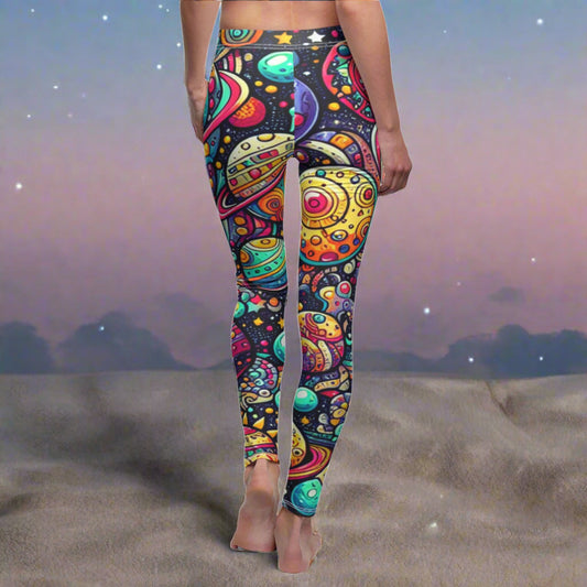 BACK Groovy Galaxy Leggings, Cartoon Planets And Stars Leggings, Cosmos Lover Leggings, Galaxy Lover Gift, Festival Leggings, Festival Outfit