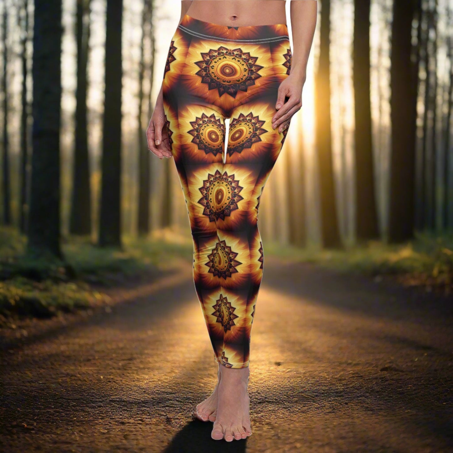 FRONT Solar Plexus Mandala Flower Leggings, Charka Leggings, Yoga Lover Tights, Hippie Gift, Festival Leggings, Yoga Birthday Gift, Mandala Gift