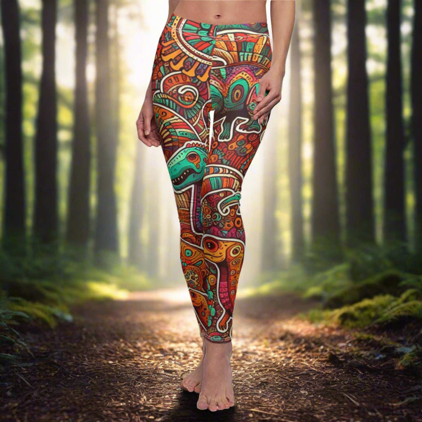 FRONT Psychedelic Dinosaur Leggings, Retro Dinosaur Lover Leggings, Dino Lover Gift, Festival Leggings, Festival Outfit, Yoga Birthday Gift