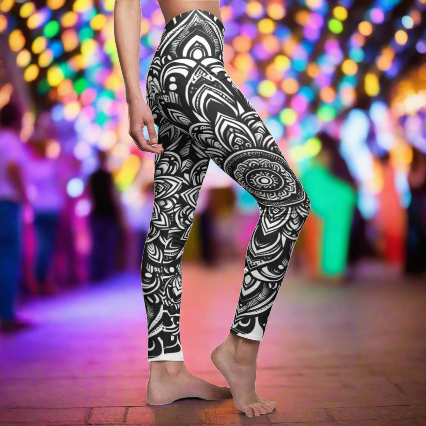 SIDE Black And White Mandala Classic Tattoo Leggings, Tattoo Lover Tights, Boho Gift, Festival Leggings, Classic Tattoos, Yoga Birthday Gift