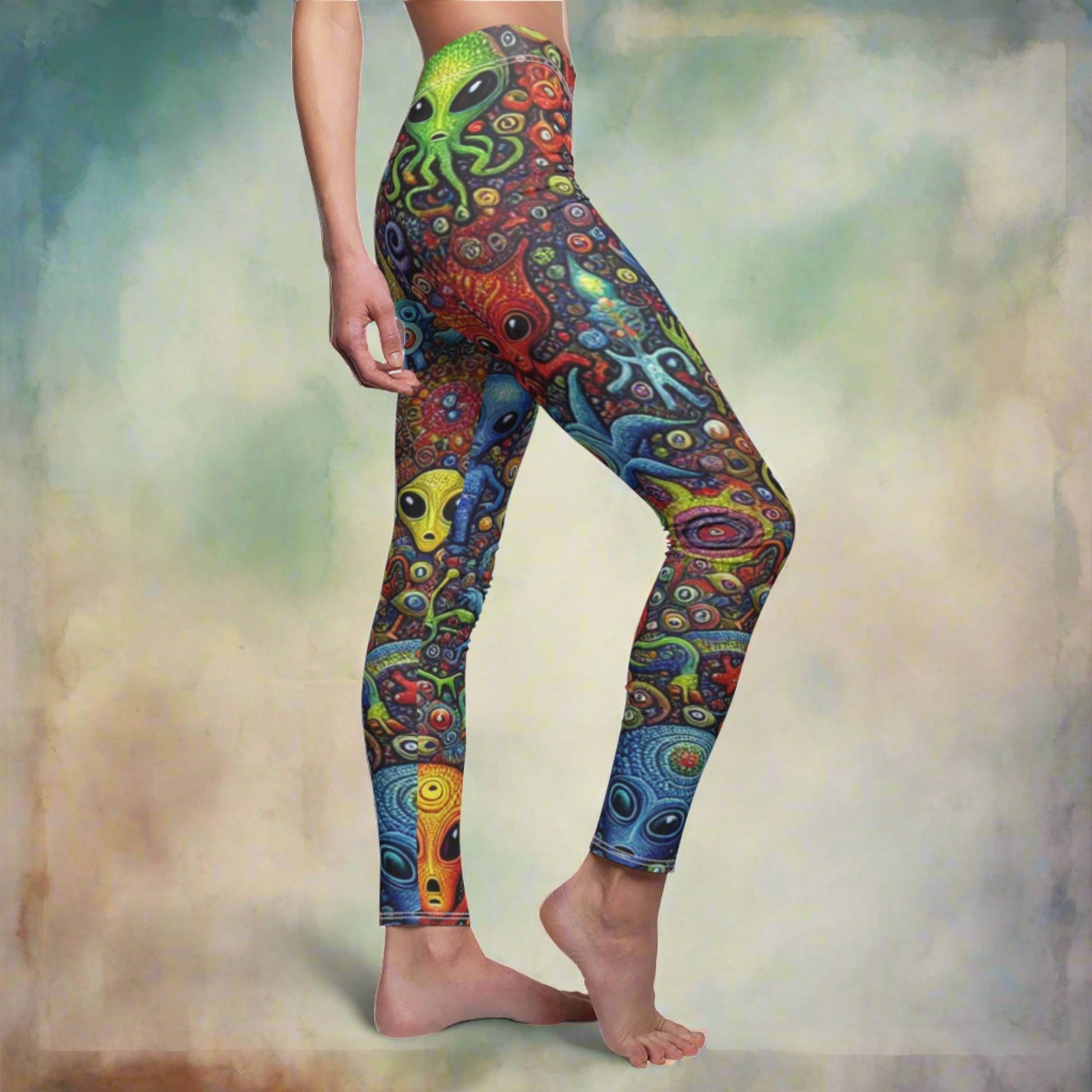 SIDE Floating Aliens Leggings, Galaxy Lovers Gift, Festival Leggings, Alien Yoga Leggings, Space Lover Gift, Yoga Lover Gift, Festival Outfit