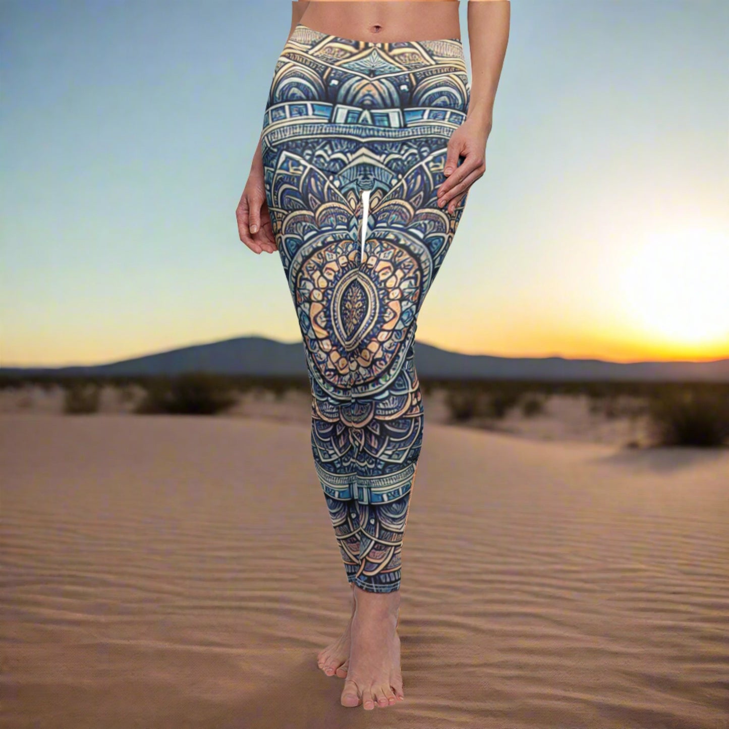 FRONT Blue Mandala Flower Leggings, Meditation Lover Tights, Hippie Gift, Festival Leggings, Yoga And Chakras Gift, Yoga Birthday Gift