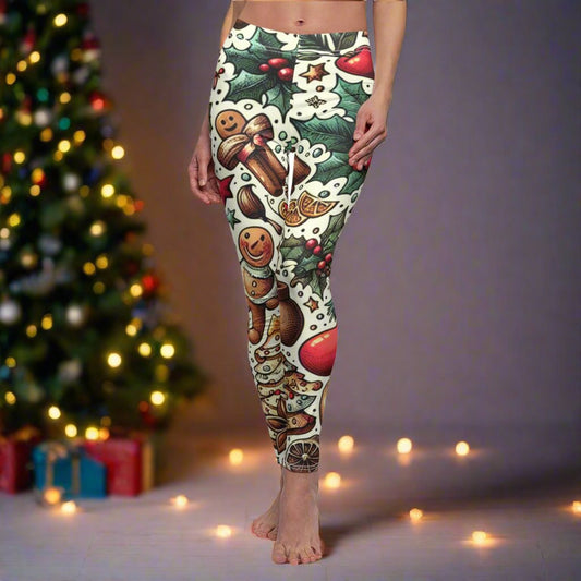 FRONT Christmas Holly And Gumdrops Leggings, Christmas Outfit, Unique Christmas Gift, Clothing for Christmas, Christmas Celebrations Leggings