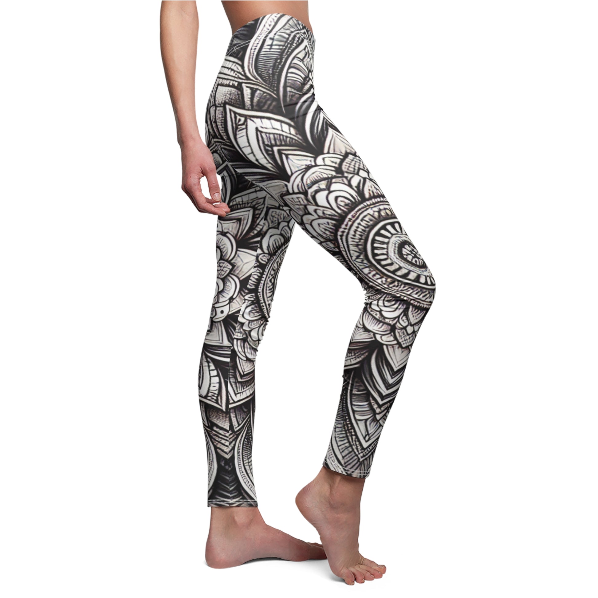 SIDE Black And White Mandala Flower Leggings, Meditation Lover Tights, Hippie Gift, Festival Leggings, Yoga And Chakras Gift, Yoga Birthday Gift