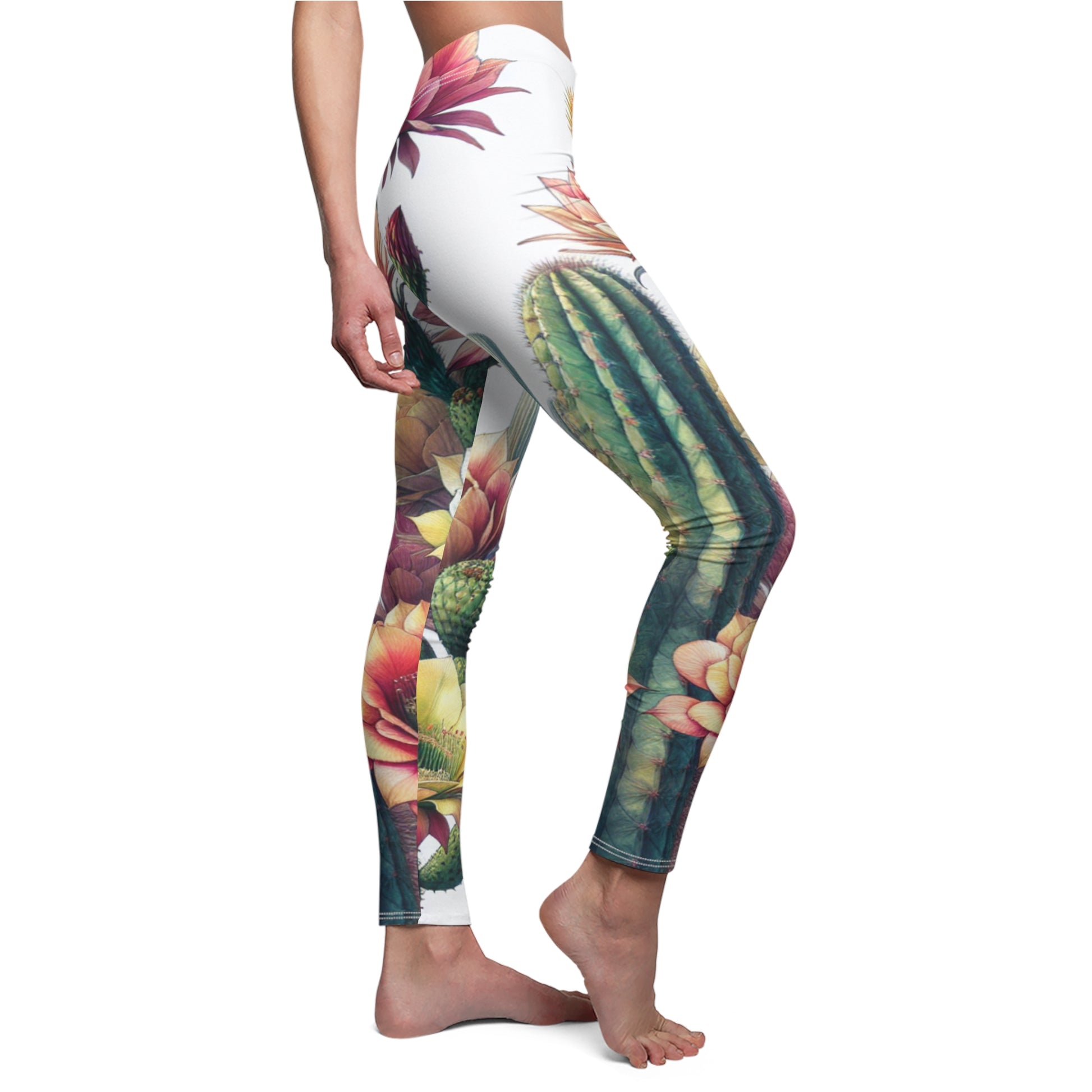 SIDE Cactus And Flower Leggings/Plant Lovers Gift/Garden Lover Gift/Cactus Print Leggings/Flower Lover Gift/Watercolor Leggings/Yoga Lover Gift