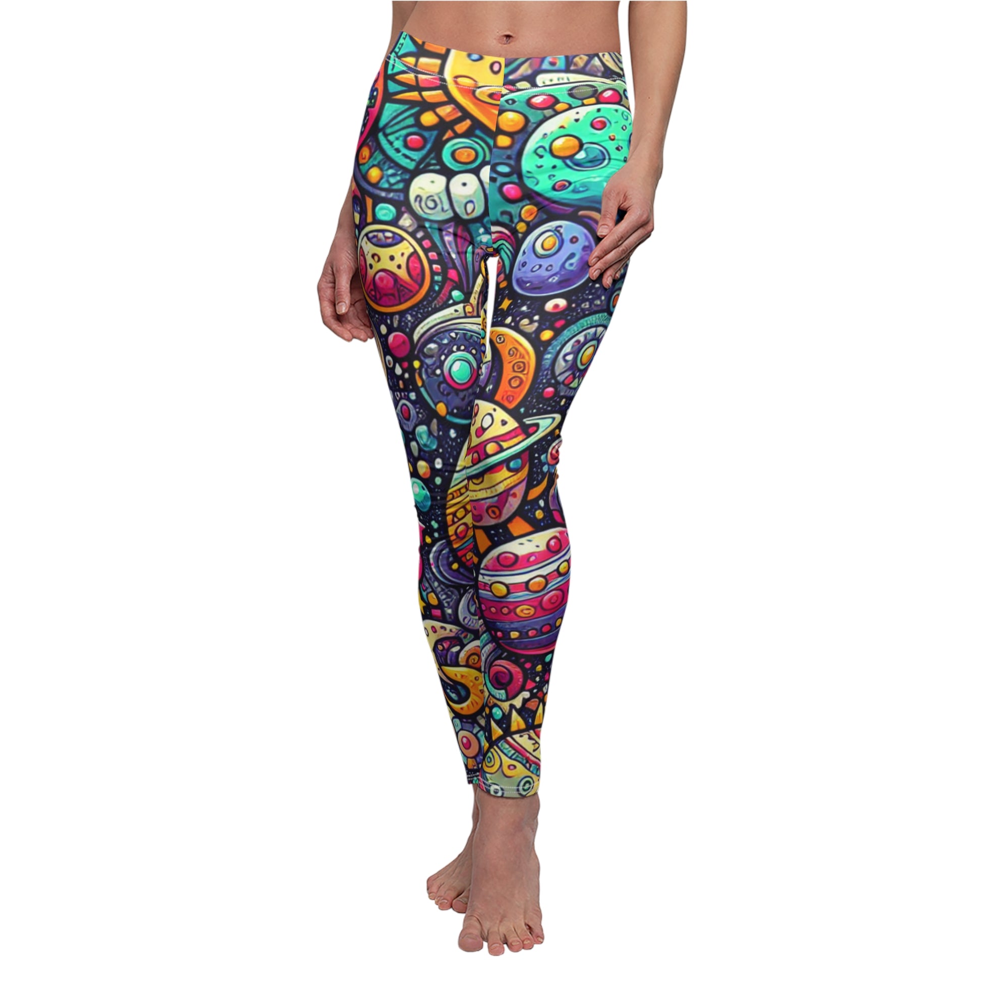 FRONT Groovy Galaxy Leggings, Cartoon Planets And Stars Leggings, Cosmos Lover Leggings, Galaxy Lover Gift, Festival Leggings, Festival Outfit