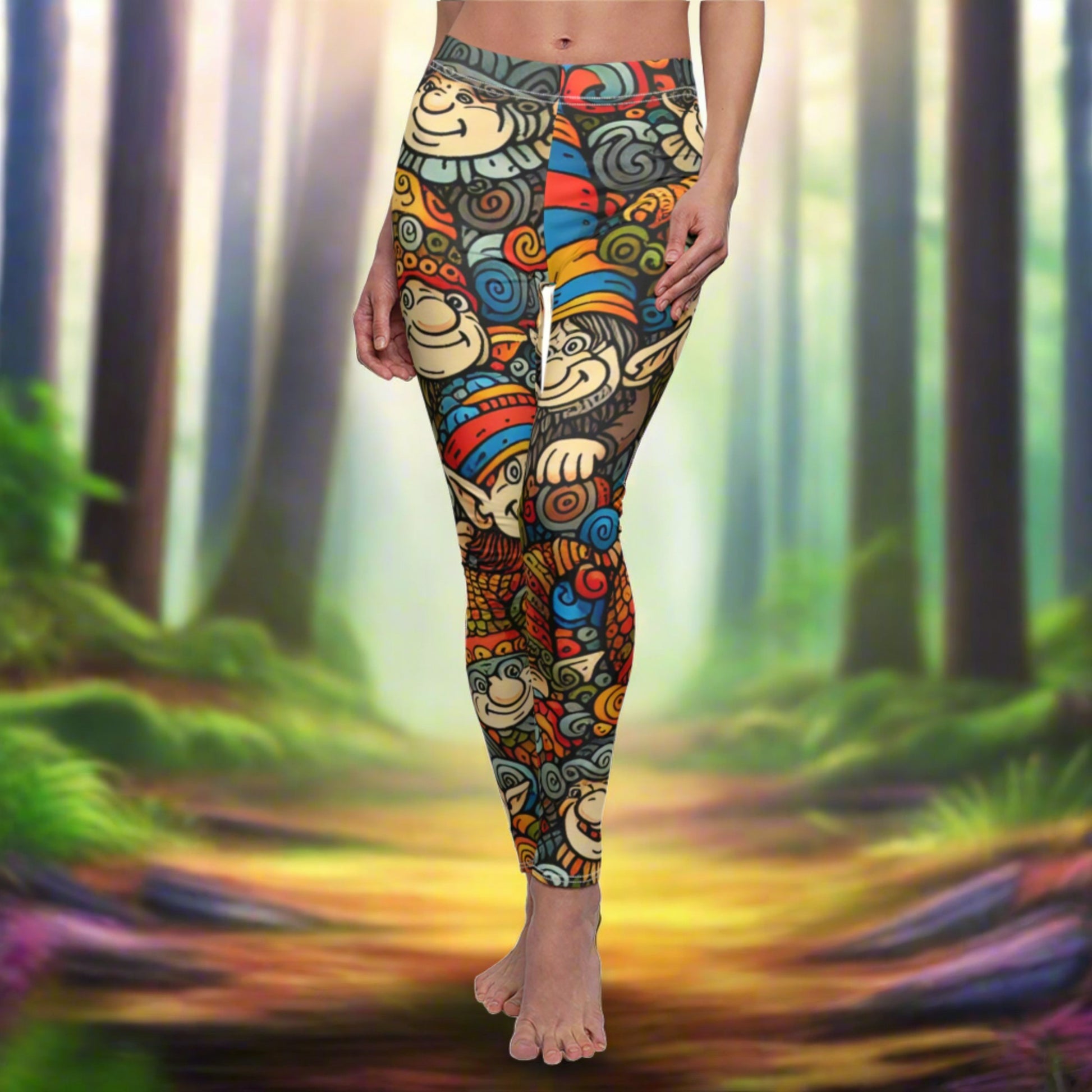 FRONT Friendly Goblin Leggings, Mythical Creature Lover Leggings, Goblin Enthusiast Gift, Festival Leggings, Mystical Outfit, Yoga Birthday Gift