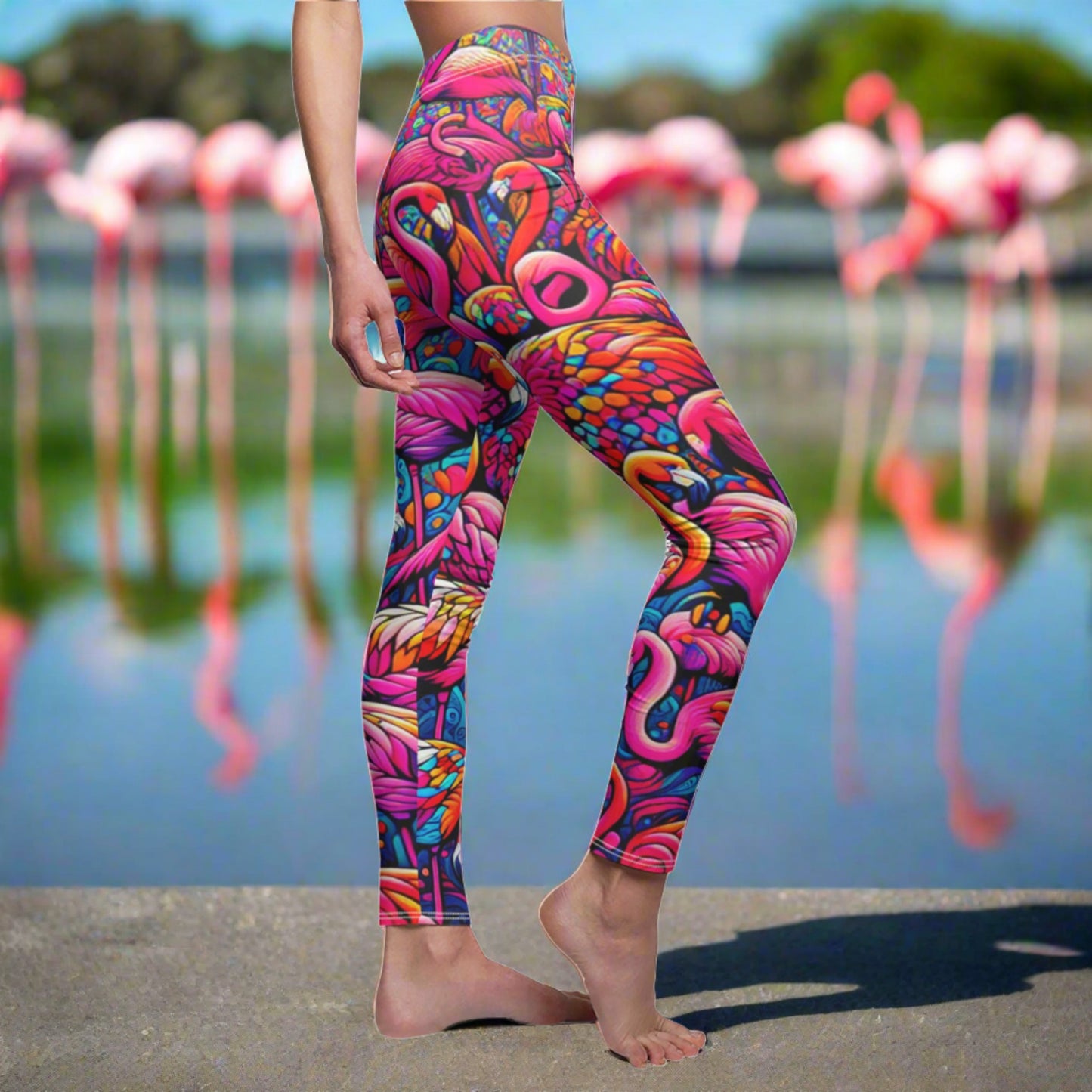 SIDE Flaming Flamingo Leggings, Flamingo Lover Leggings, Bird Lover Gift, Festival Leggings, Festival Outfit, Yoga Birthday Gift, Meditation Gift