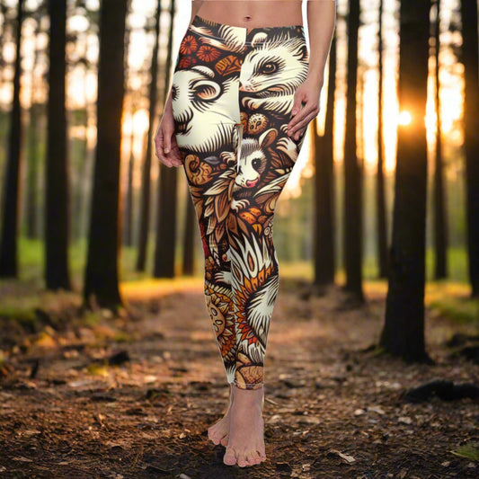 FRONT Cute Possums Leggings, Possum Lover Leggings, Possum Enthusiast Gift, Festival Leggings, Mystical Creature Outfit, Yoga Birthday Gift