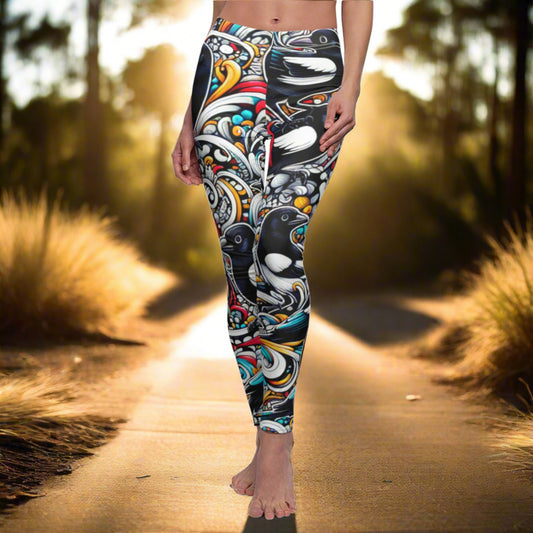 FRONT Magpie Leggings, Magpie Lover Leggings, Bird Lover Gift, Festival Leggings, Festival Outfit, Yoga Birthday Gift, Australian Birds, Wild Bird