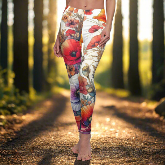 FRONT Poppy's In Color Legging/Plant Lovers Gift/Garden Lover Gift/Poppy Flower Leggings/Flower Lover Gift/Water Color Leggings/Yoga Lover Gift