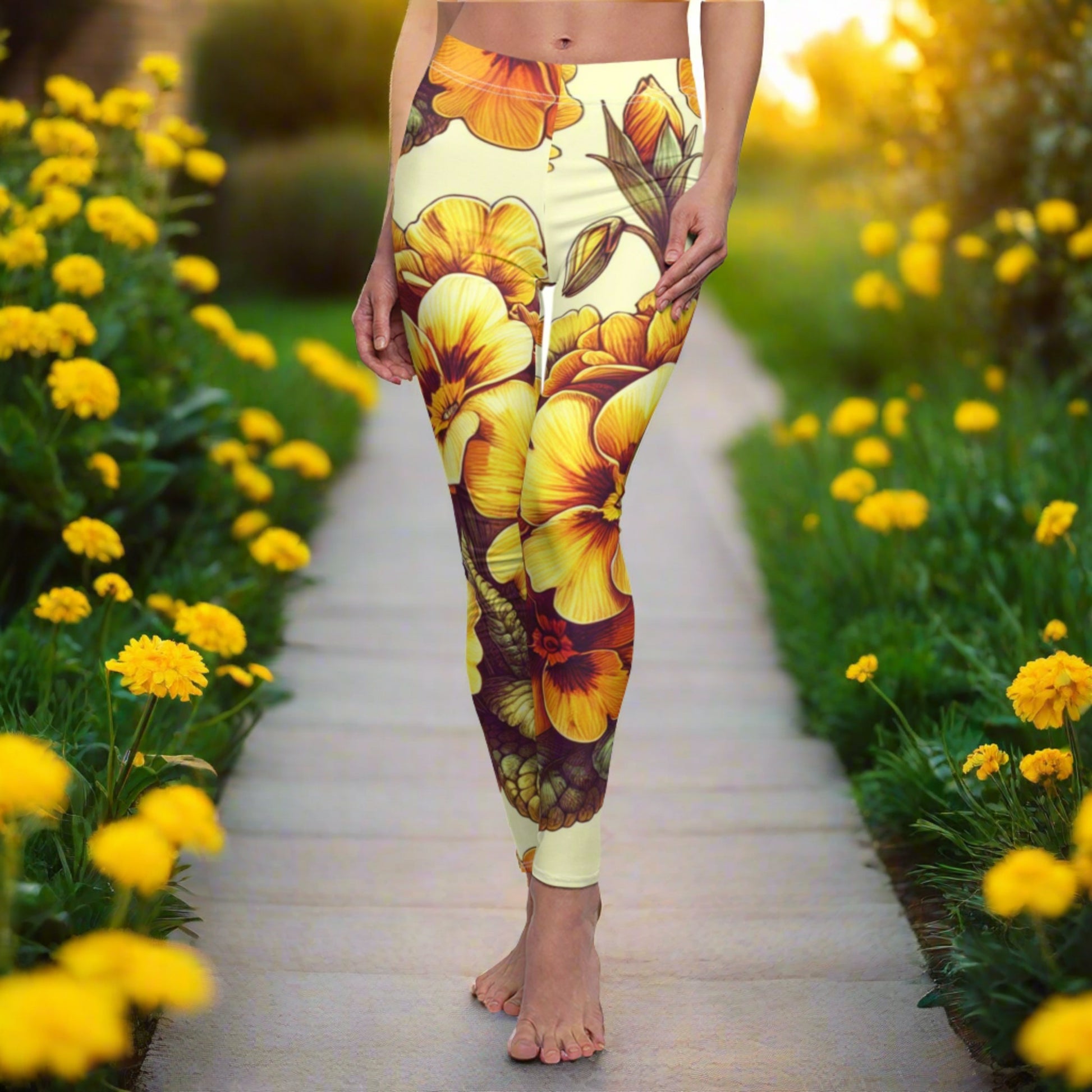 FRONT February Birth Month Flower, Yellow Primrose Leggings, Mothers Day, Valentines Day, Mom And Sister Gift, Feb Tights, Yoga Birthday Gift