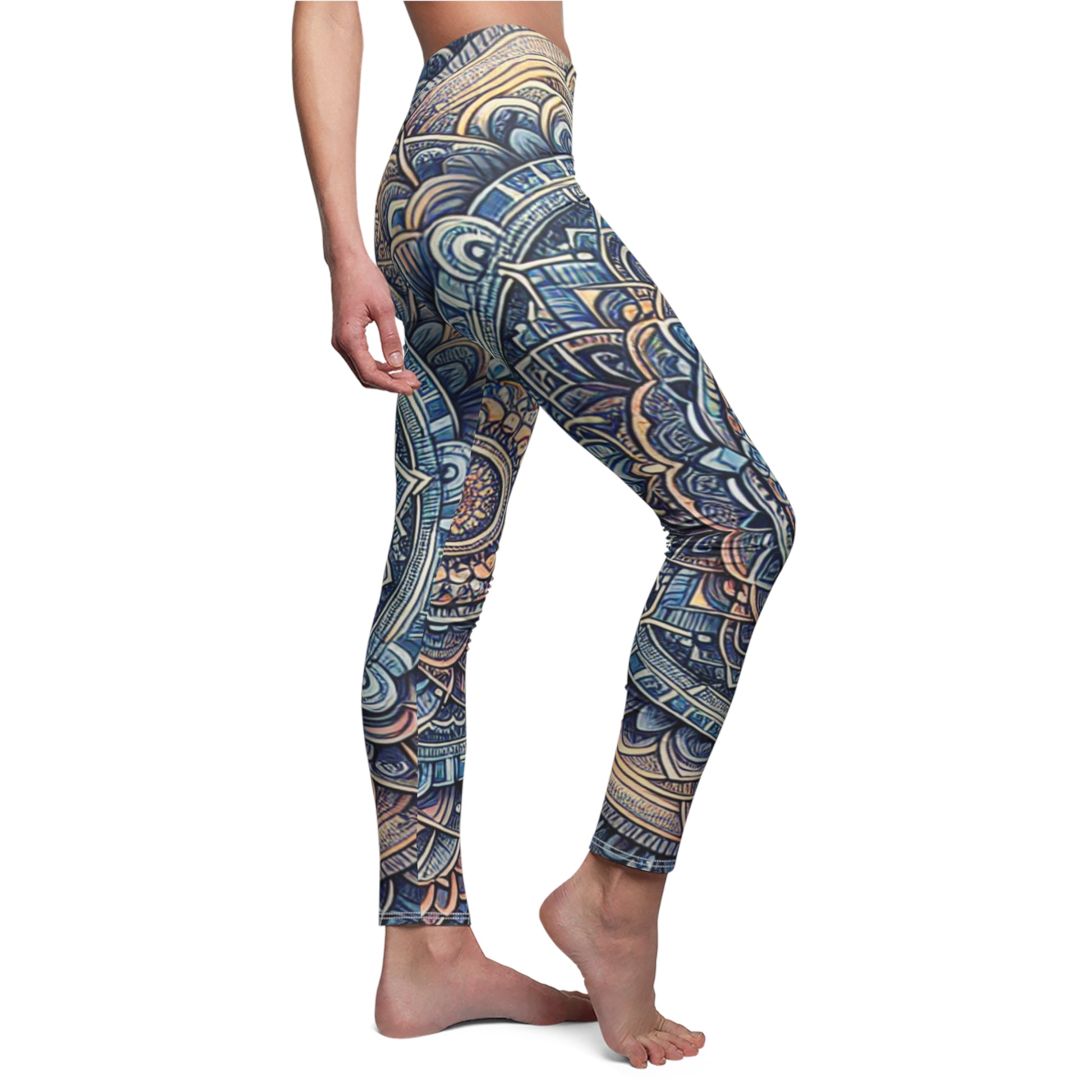 SIDE Blue Mandala Flower Leggings, Meditation Lover Tights, Hippie Gift, Festival Leggings, Yoga And Chakras Gift, Yoga Birthday Gift