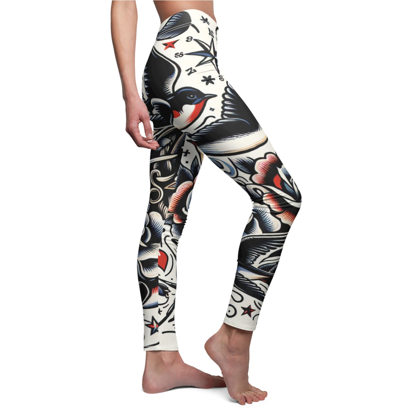 SIDE Black Bird Classic Tattoo Leggings, Tattoo Lover Tights, Bird Lover Gift, Festival Leggings, Classic Tatt Outfit, Yoga Birthday Gift, Tattoo