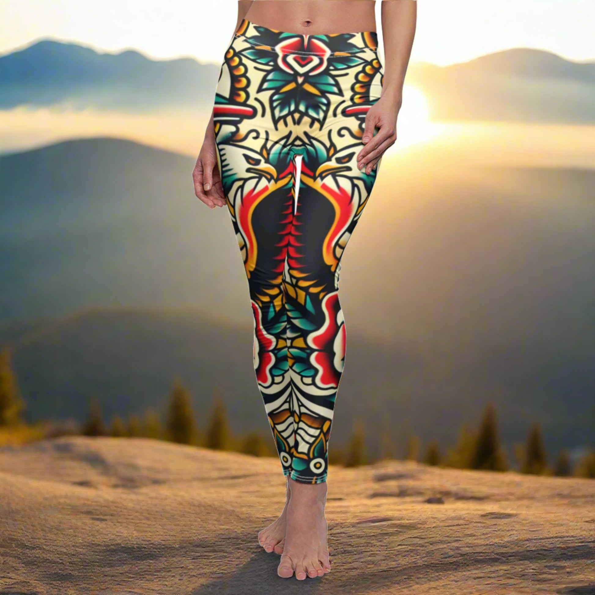 FRONT Eagle Classic Tattoo Leggings, Tattoo Lover Leggings, Eagle Lover Gift, Festival Leggings, Classic Tatt Outfit, Yoga Birthday Gift, Tattoos