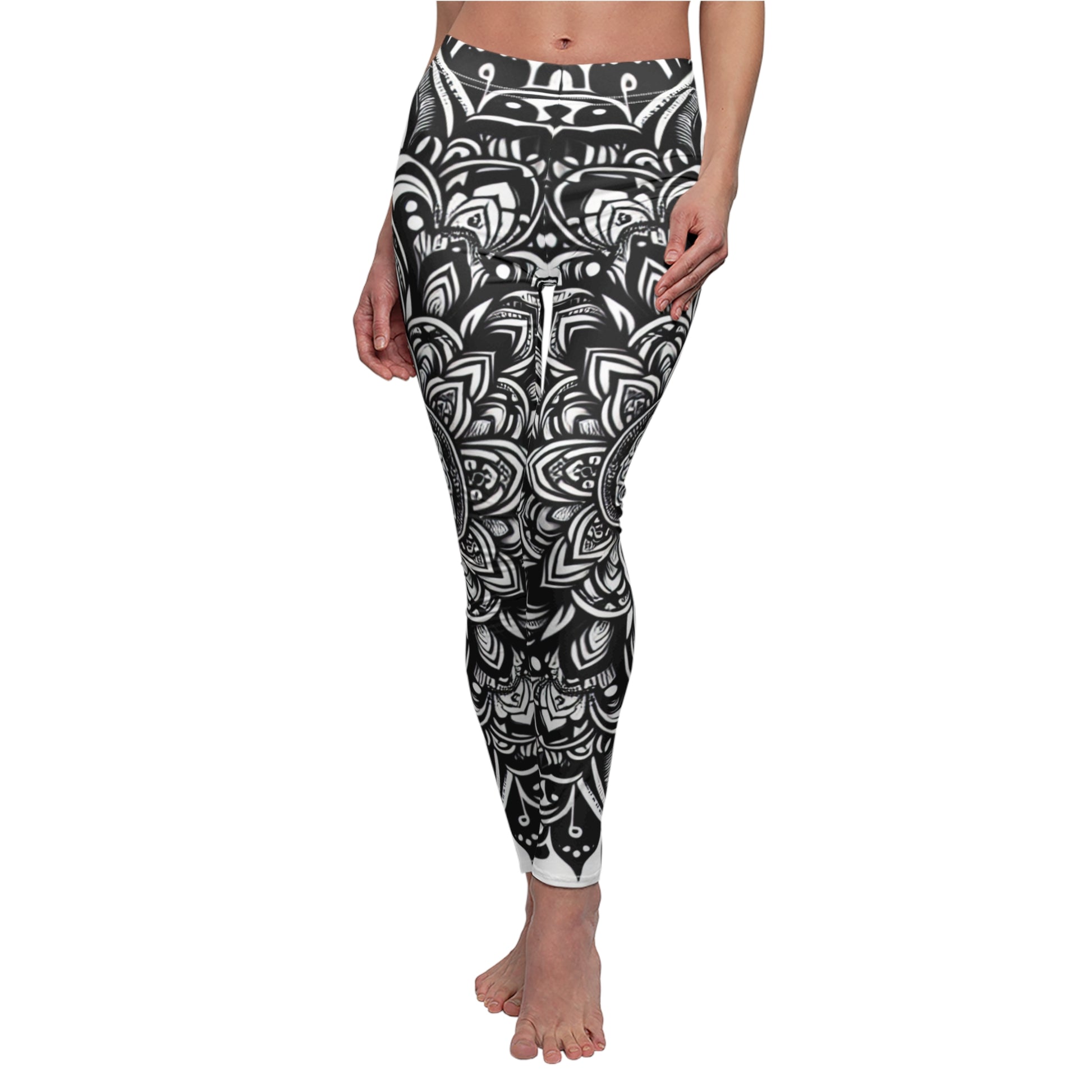 FRONT Black And White Mandala Classic Tattoo Leggings, Tattoo Lover Tights, Boho Gift, Festival Leggings, Classic Tattoos, Yoga Birthday Gift