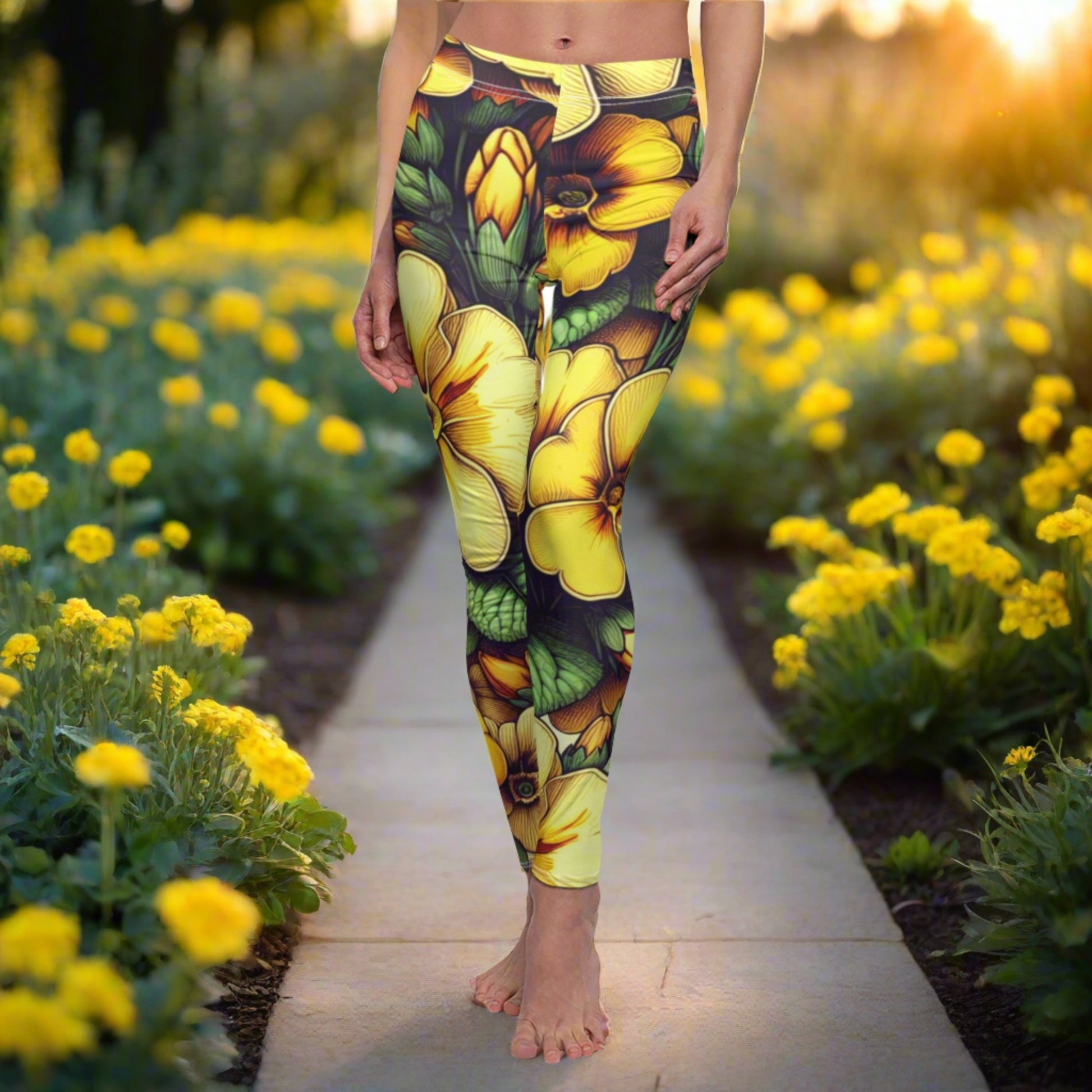 FRONT February Birth Month Flower, Yellow Primrose Leggings, Mothers Day, Valentines Day, Mom And Sister Gift, Feb Tights, Yoga Birthday Gift