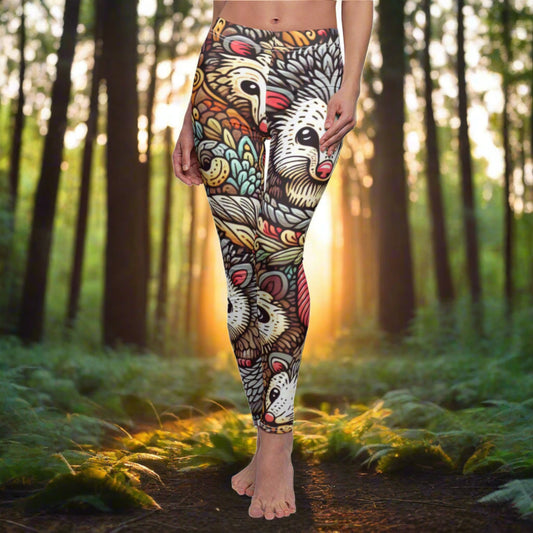 FRONT Friendly Possums Leggings, Possum Lover Leggings, Possum Enthusiast Gift, Festival Leggings, Mystical Creature Outfit, Yoga Birthday Gift