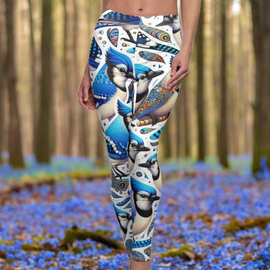 FRONT BlueJay Leggings, BlueJay Lover Leggings, Bird Lover Gift, Festival Leggings, Festival Outfit, Yoga Birthday Gift, Workout Outfit, Bird Gift