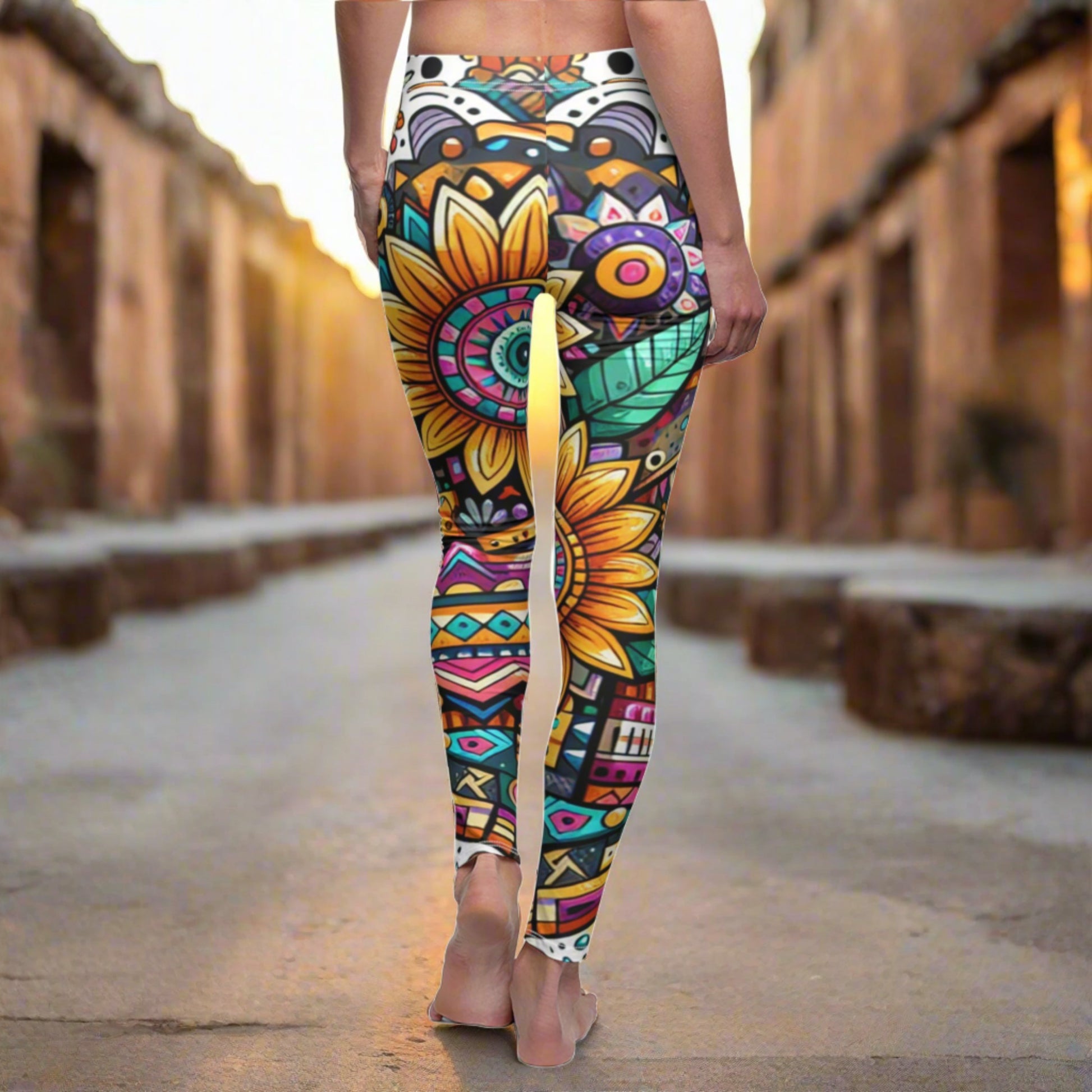 BACK Colorful Aztec Sunflowers Leggings, Sunflower Lover Leggings, Flowers Lover Gift, Festival Leggings, Festival Outfit, Funky Aztec Pattern