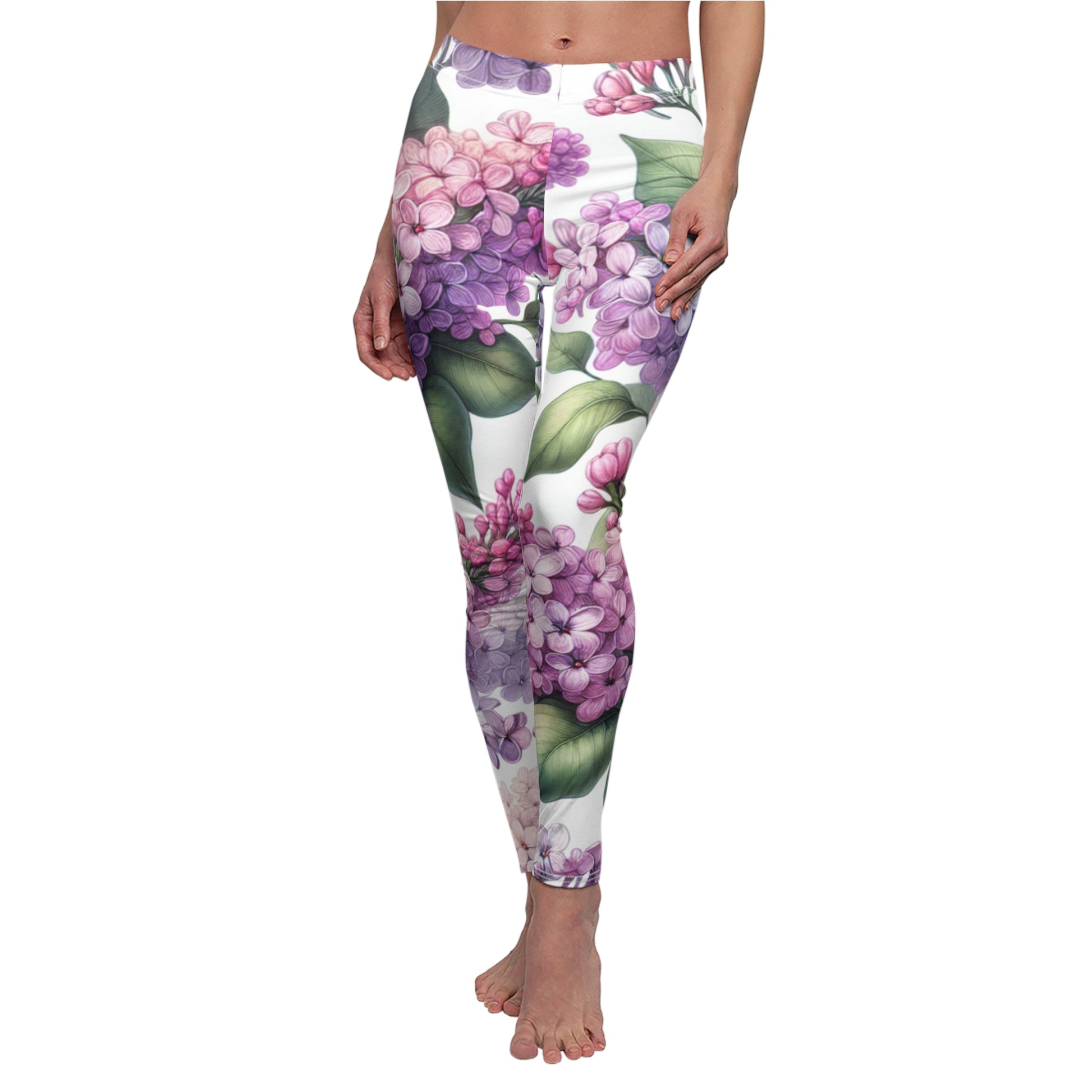 FRONT Lilacs And Blossoms Leggings/Plant Lovers Gift/Garden Lover Gift/Lilac Print Leggings/Flower Lover Gift/Watercolor Leggings/Yoga Lover Gift