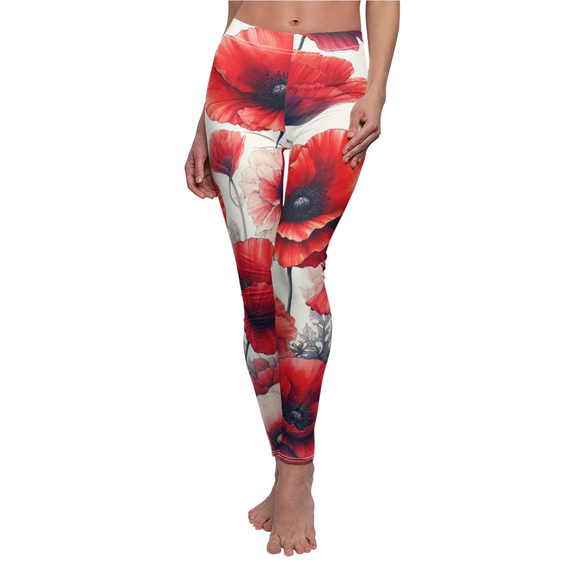 FRONT Red Poppy Leggings/Plant Lovers Gift/Garden Lover Gift/Poppy Flower Leggings/Flower Lover Gift/Water Color Leggings/Yoga Lover Gift