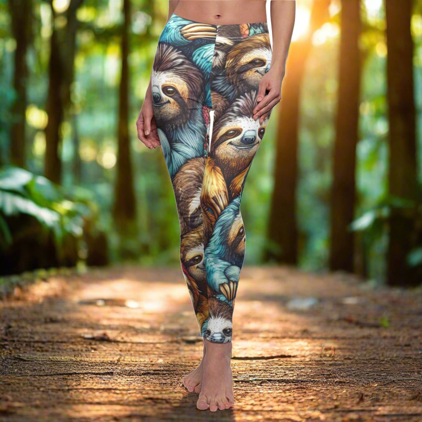 FRONT Funky Sloth Colorful Leggings, Animal Lover Gift, Sloth Lover Leggings, Sloth Gift, Festival Leggings, Festival Outfit, Sloth Birthday Gift