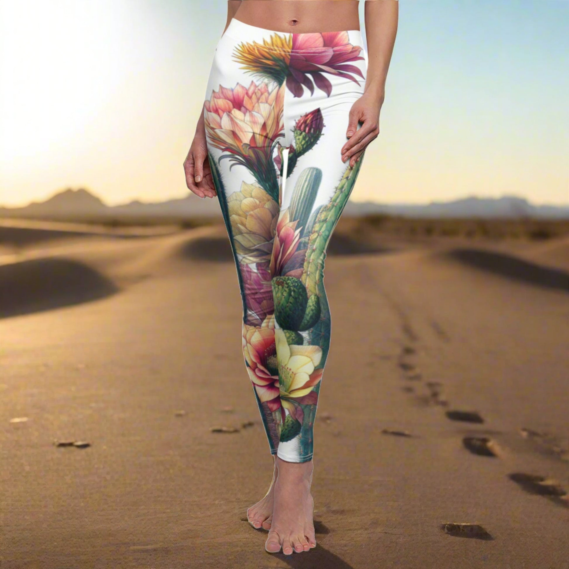 FRONT Cactus And Flower Leggings/Plant Lovers Gift/Garden Lover Gift/Cactus Print Leggings/Flower Lover Gift/Watercolor Leggings/Yoga Lover Gift