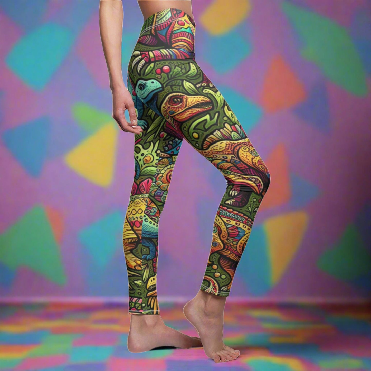 SIDE Retro Dinosaur Leggings, Dinosaur Lover Leggings, Yoga Lover Gift, Festival Leggings, Festival Outfit, Yoga Birthday Gift, Jurassic Gift