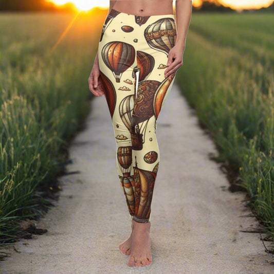 FRONT Antique Style Hot Air Balloon Leggings, Hot Air Balloon Lover Leggings, Adventure Lover Gift, Festival Leggings, Festival Outfit, Old Style