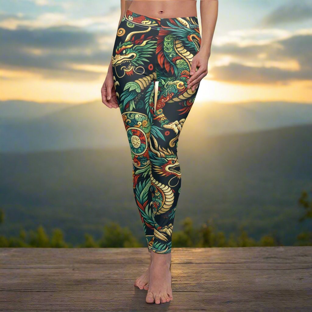 FRONT Mystic Dragon Leggings, Dragon Lover Gift, Hippie Gift, Festival Leggings, Mythological Dragon Leggings, Yoga Birthday Gift, Birthday Gift