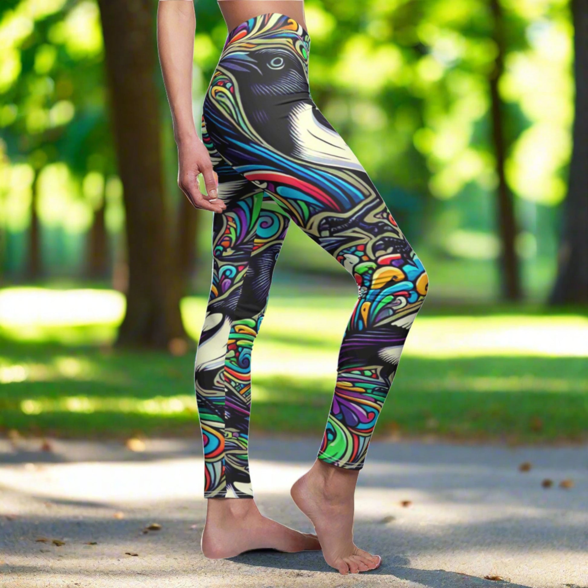 SIDE Abstract Magpie Leggings, Magpie Lover Leggings, Bird Lover Gift, Festival Leggings, Festival Outfit, Yoga Birthday Gift, Australian Birds