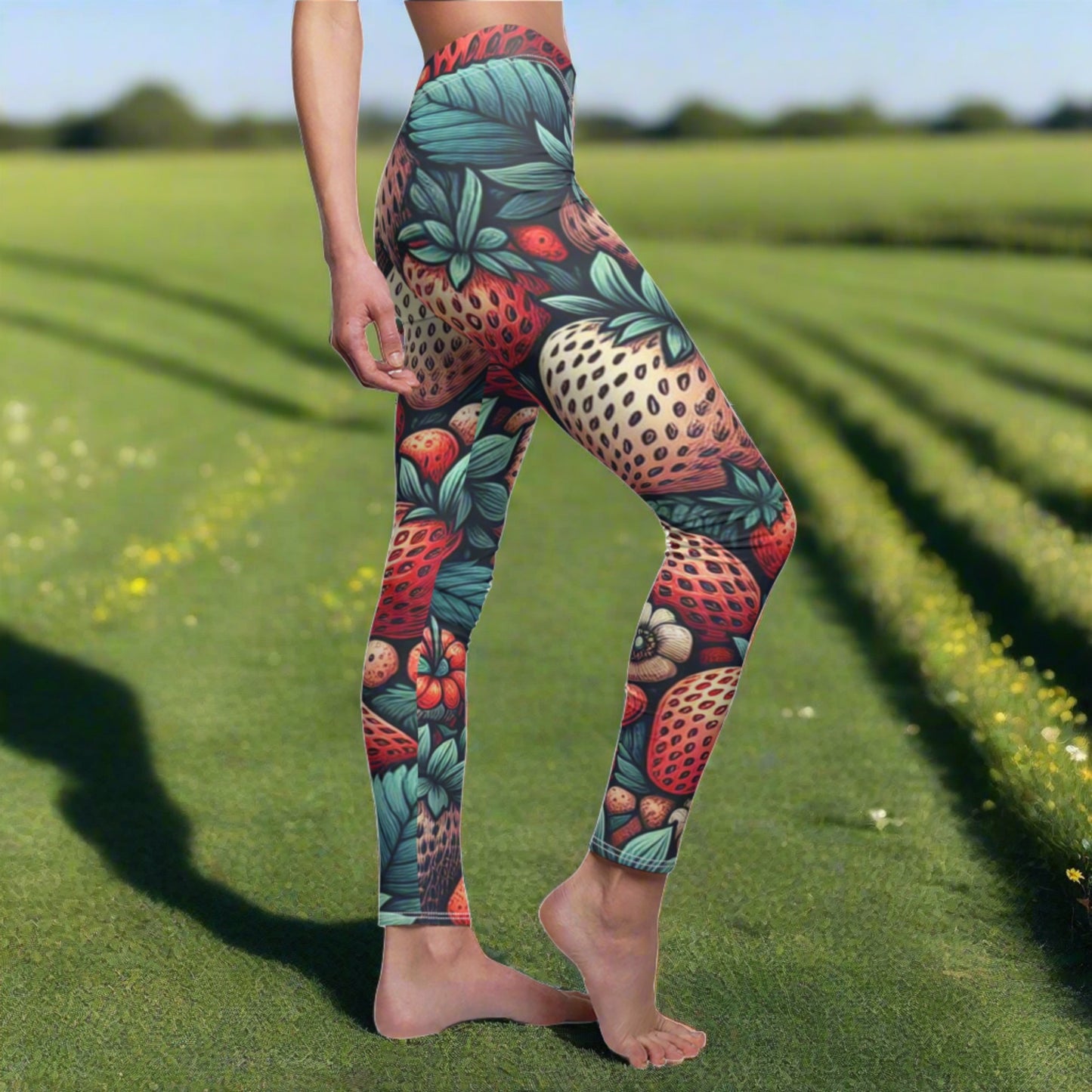 SIDE Strawberries Leggings, Strawberry Fields Leggings, Fruit Lover Gift, Festival Fruit Leggings, Juicy Strawberry Outfit, Yoga Birthday Gift