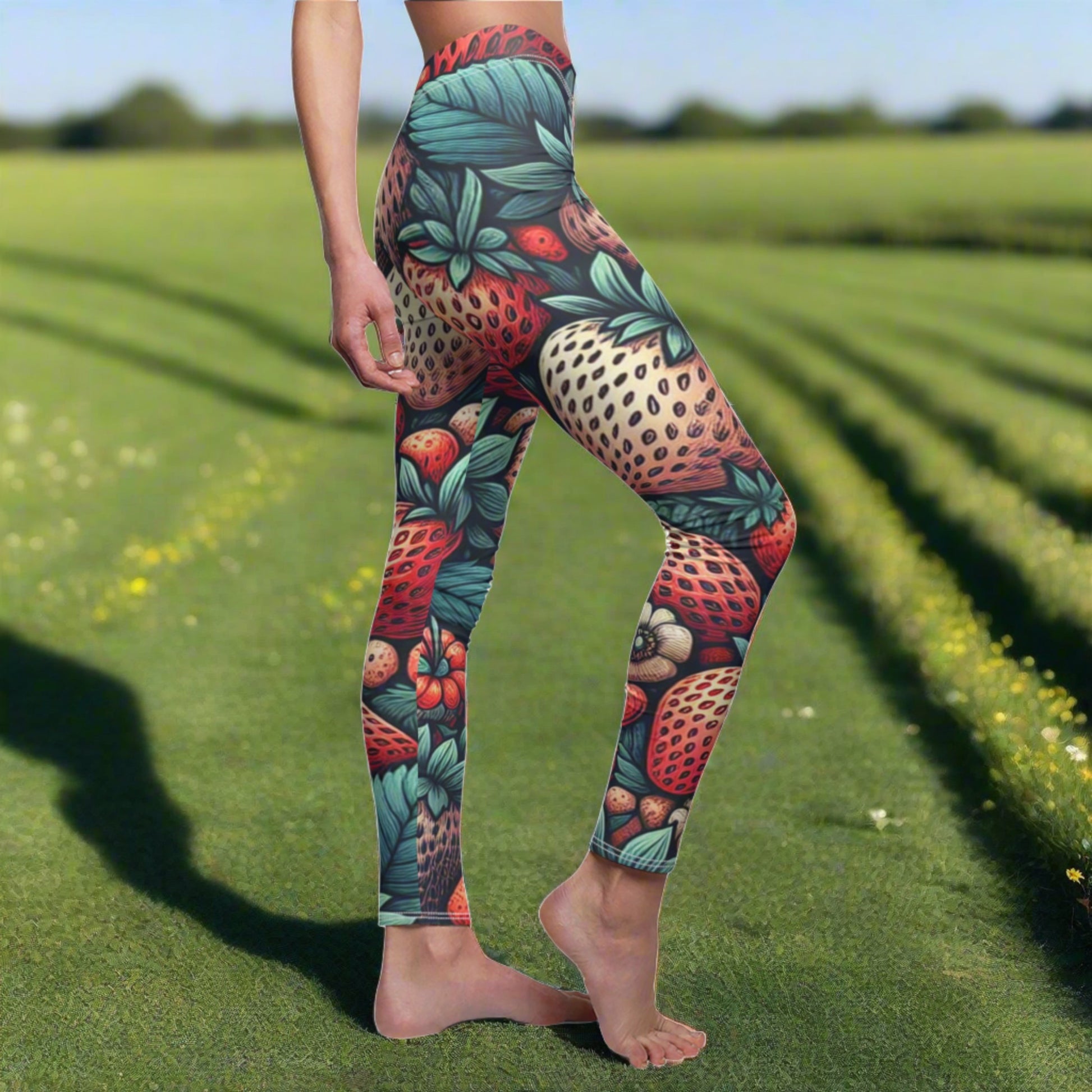 SIDE Strawberries Leggings, Strawberry Fields Leggings, Fruit Lover Gift, Festival Fruit Leggings, Juicy Strawberry Outfit, Yoga Birthday Gift