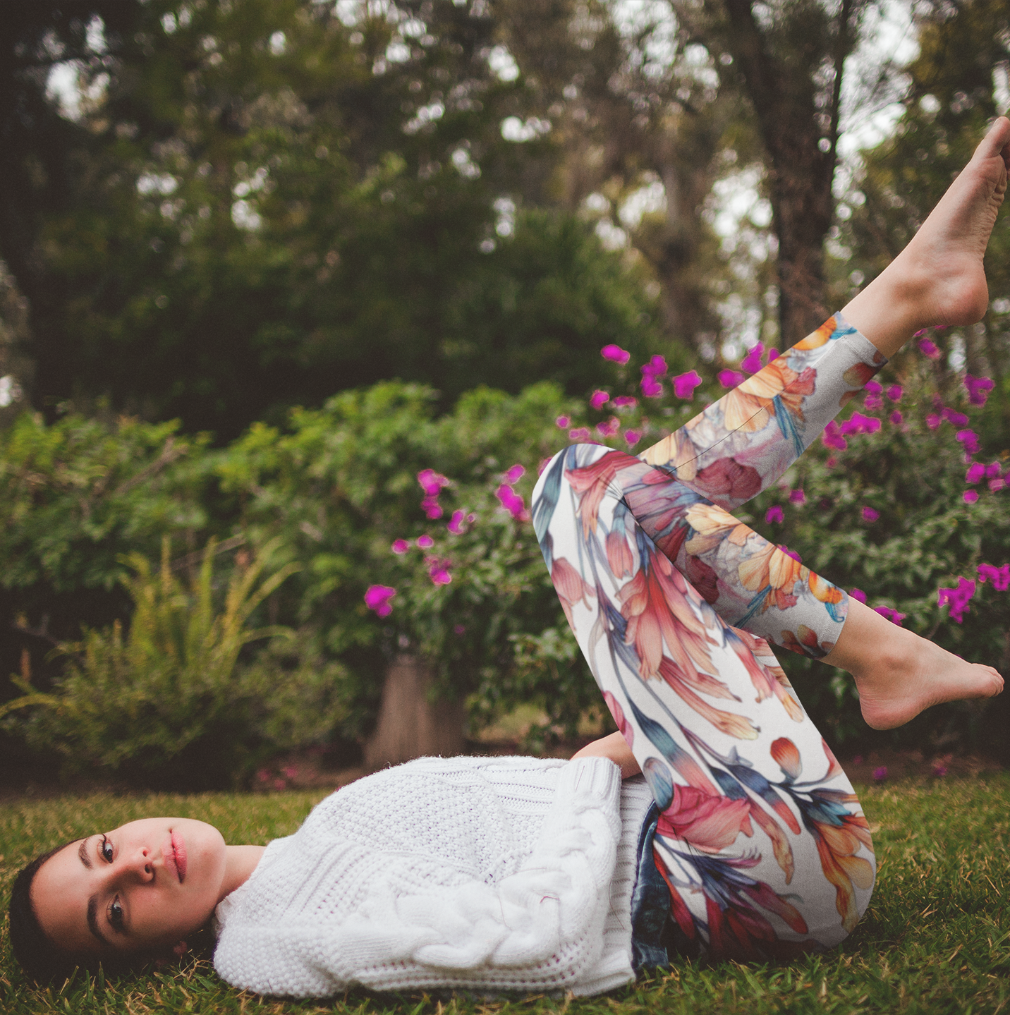 Woman Laying Down With Kangaroo Paw Leggings/Plant Lovers Gift/Garden Lover Gift/Kangaroo Paw Print Leggings/Flower Lover Gift/Watercolor Leggings/Yoga Lover Gift Leggings On