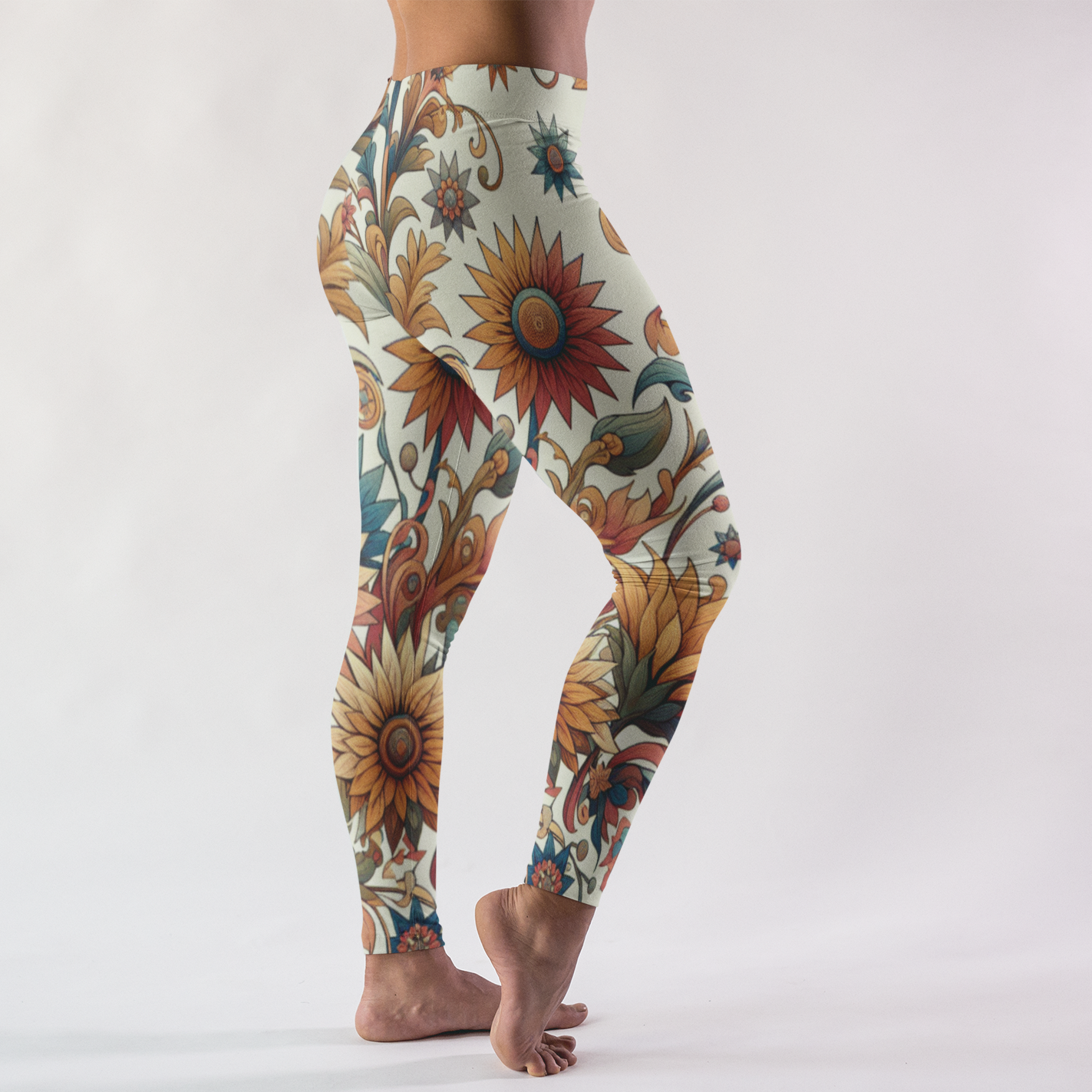 Photo of Woman Wearing Funky Sunflower Leggings/Plant Lovers Gift/Garden Lover Gift/Sun Flower Leggings/Flower Lover Gift/Water Color Leggings/Yoga Lover Gift