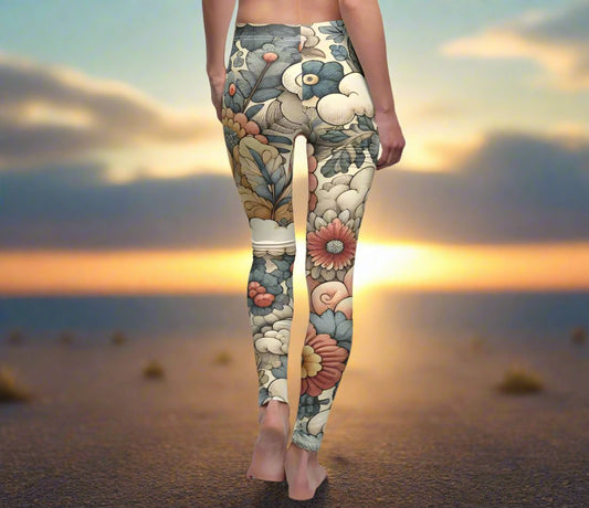 BACK Clouds And Flowers Leggings, Clouds Lover Gift, Hippie Gift, Festival Leggings, Meditation Dream Leggings, Yoga Birthday Gift, Birthday Gift