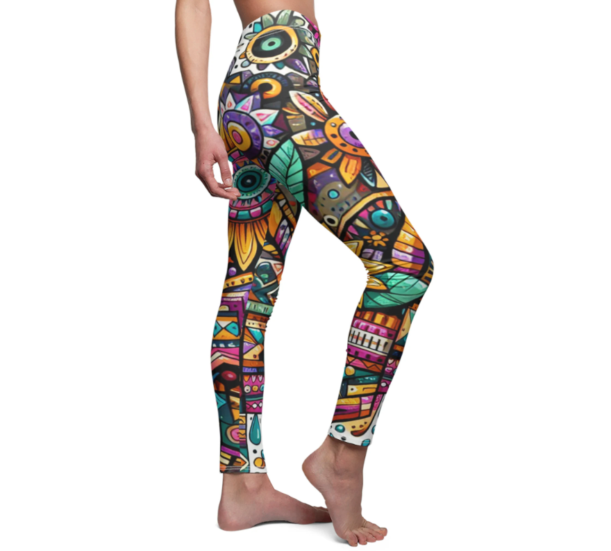 SIDE Colorful Aztec Sunflowers Leggings, Sunflower Lover Leggings, Flowers Lover Gift, Festival Leggings, Festival Outfit, Funky Aztec Pattern