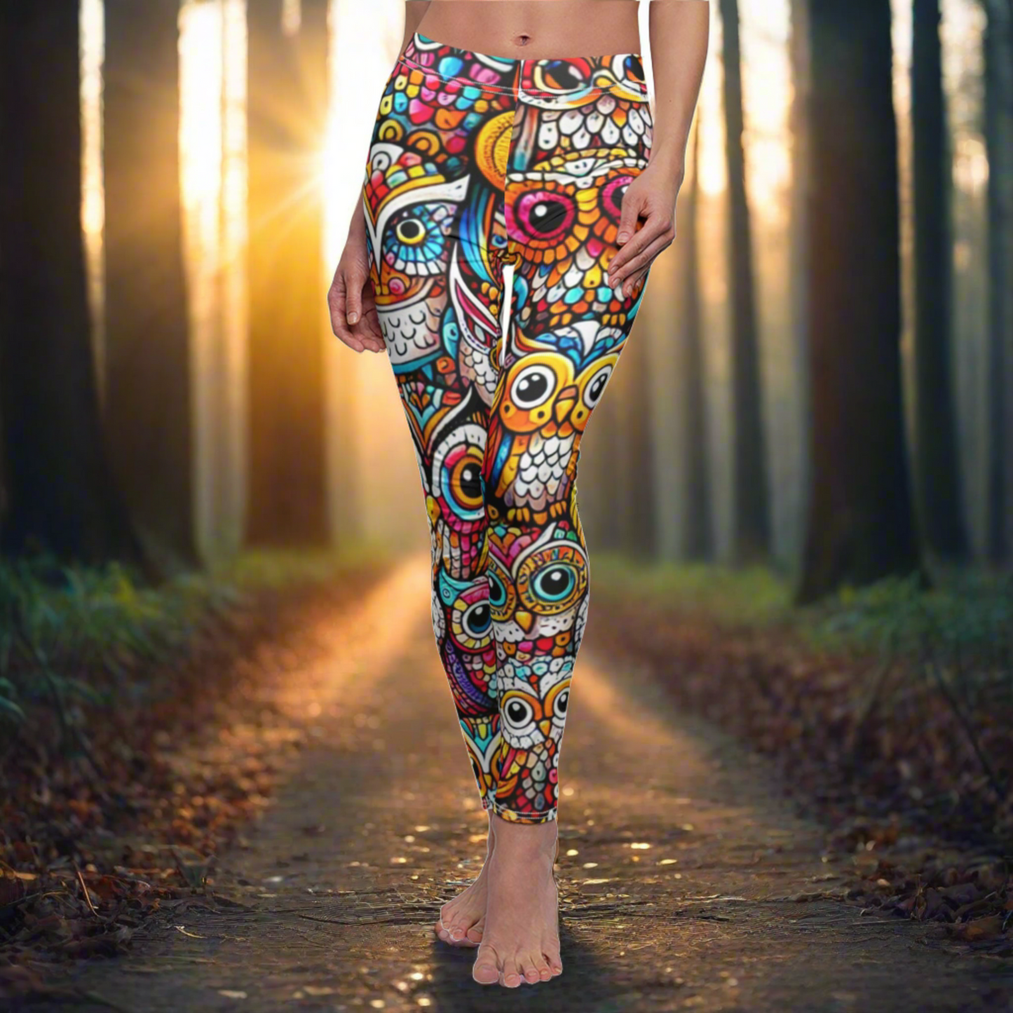 FRONT Owl Leggings, Owl Lover Leggings, Bird Lover Gift, Festival Leggings, Festival Outfit, Yoga Birthday Gift, Owl Lover Gift, Meditation Outfit